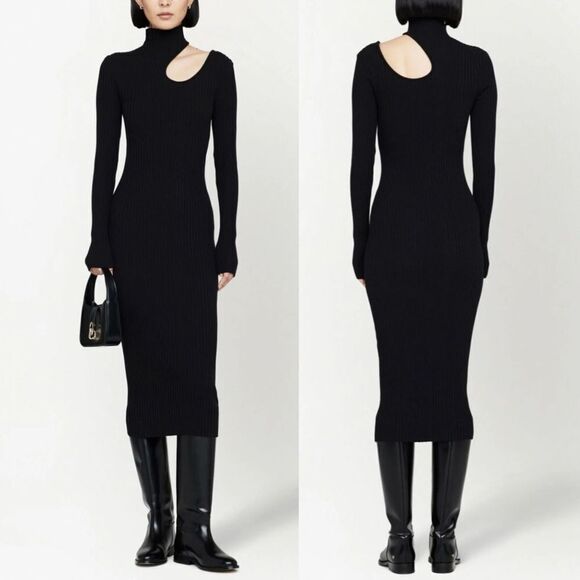 ANINE BING Size XS NWT Victoria Black Ribbed Midi Cutout Sweater Dress Cut Out - Picture 2 of 14